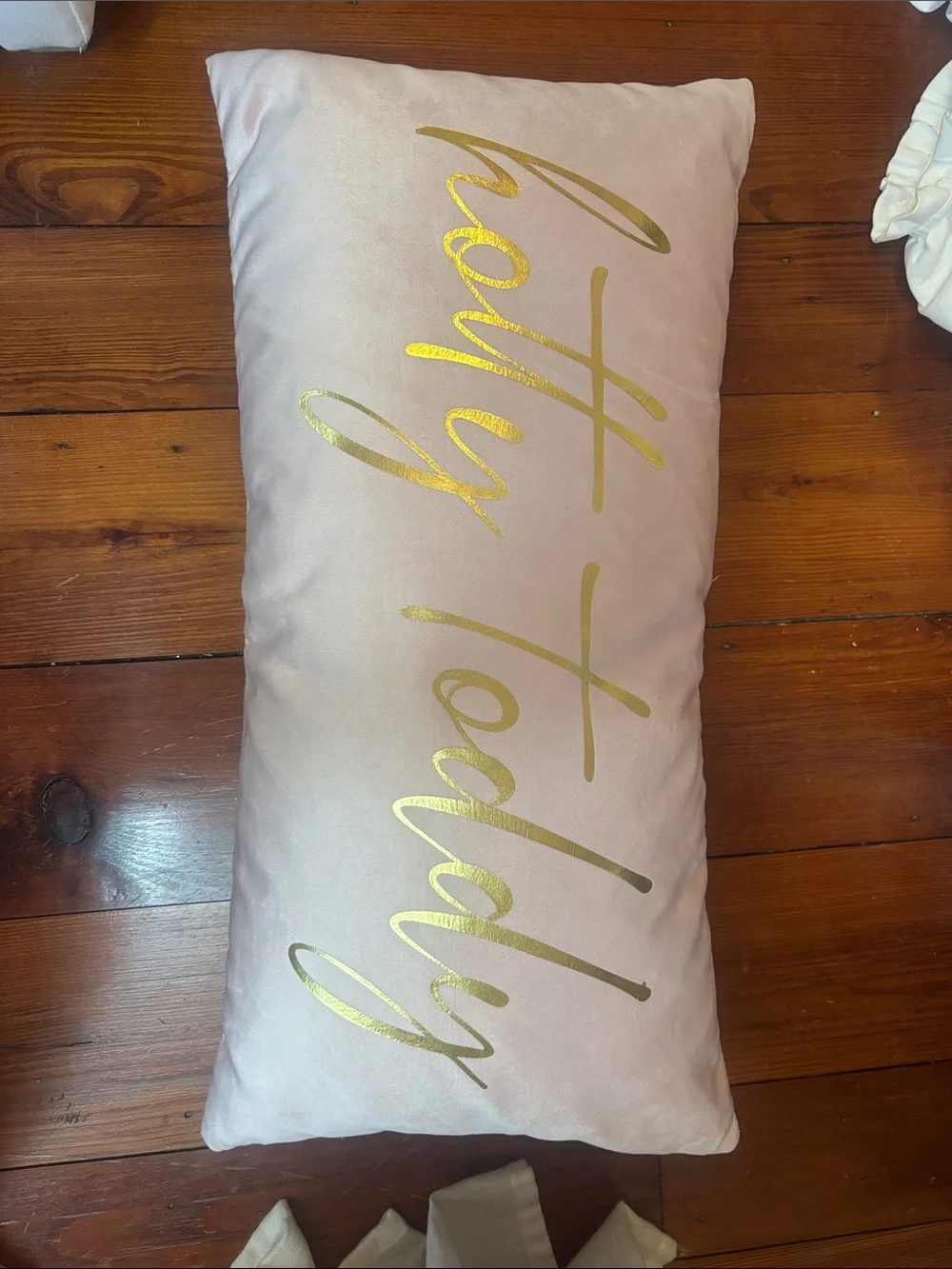 Blush Pink Decorative Pillow with Gold Script